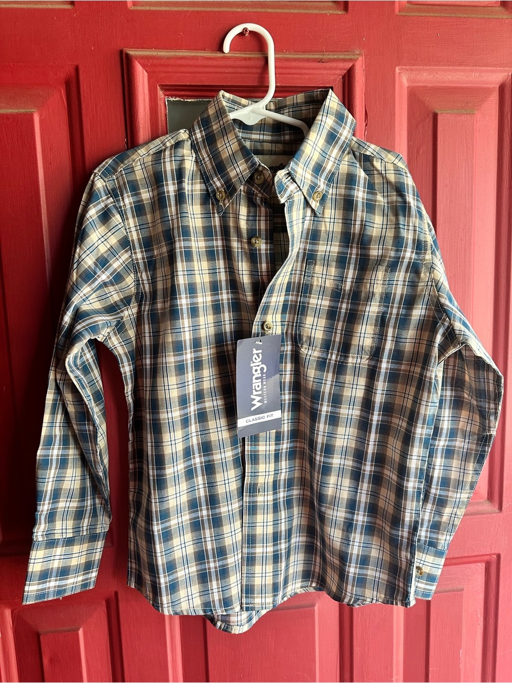 Wrangler Boys Blue and Cream Plaid Button-Down Shirt